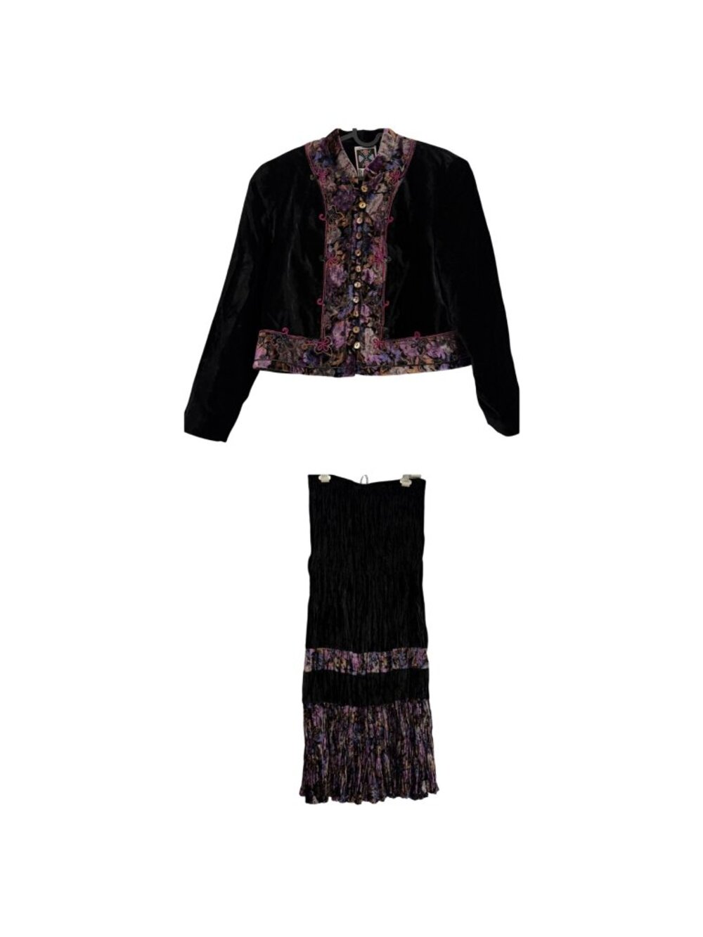 VTG Hairston Roberson Ropa Black Purple Velvet 2 PC Jacket Skirt Set Womens Smal